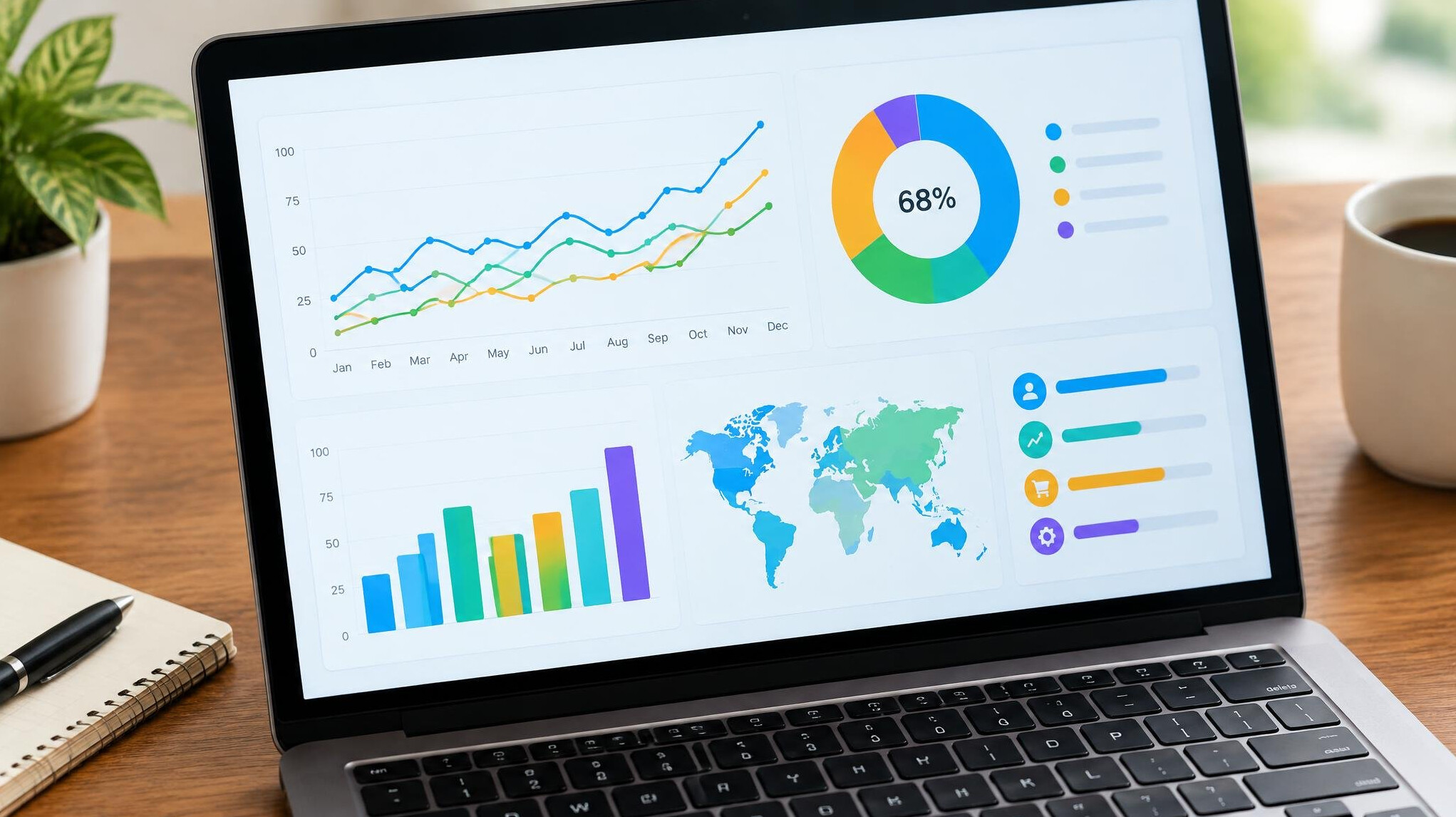 Laptop screen displaying colorful data charts and dashboards
