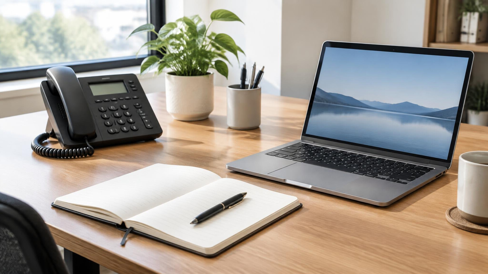 Tidy office desk with a telephone, notebook and laptop