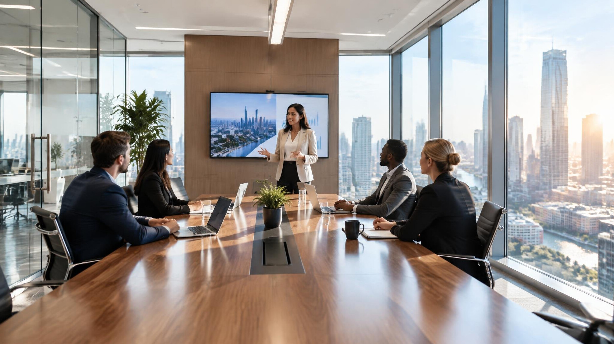 Modern office meeting room with glass walls and a long conference table